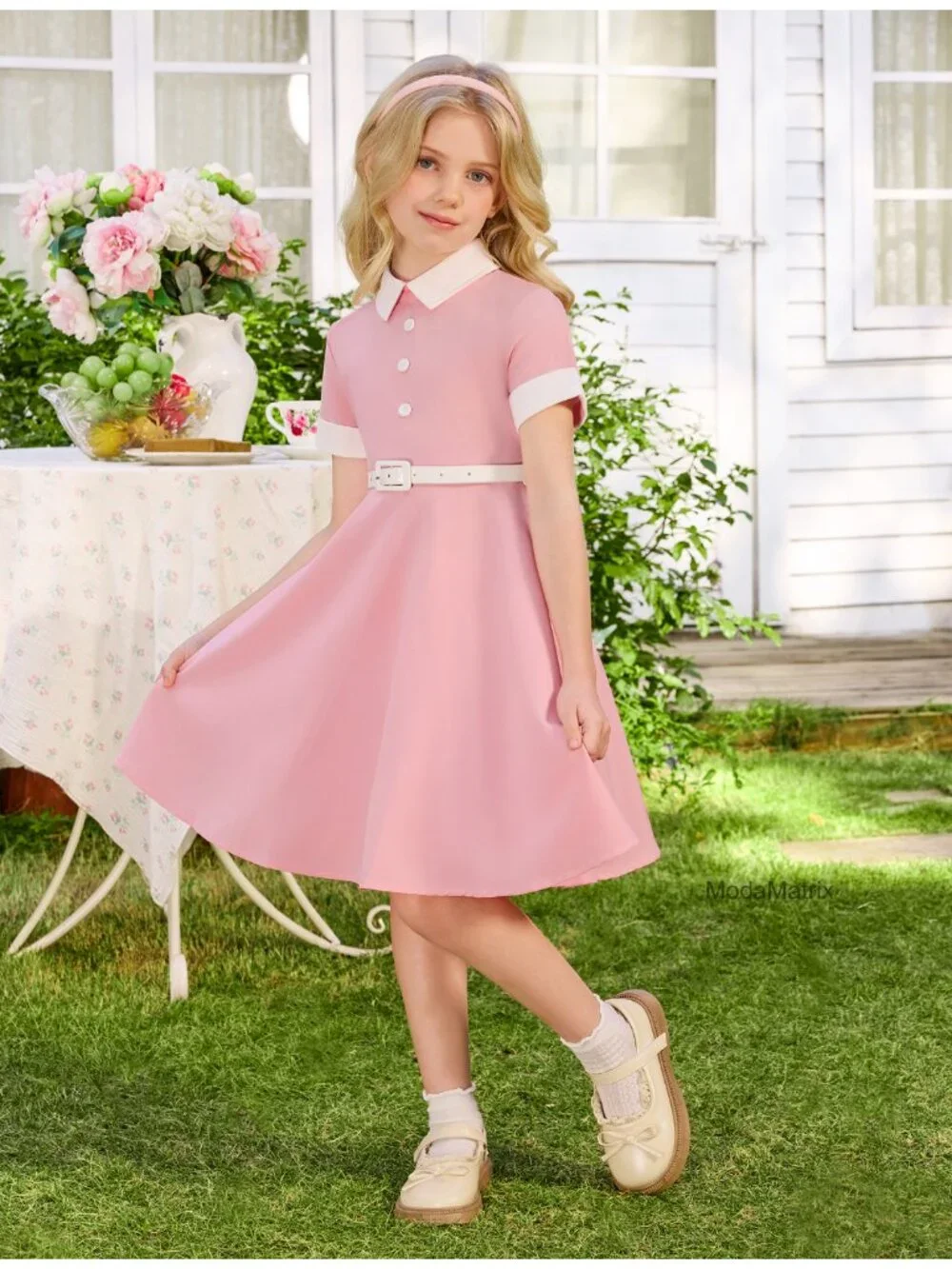 Girls 1950s Vintage Swing Dress with Belt Rockabilly Audrey Hepburn Style Short
